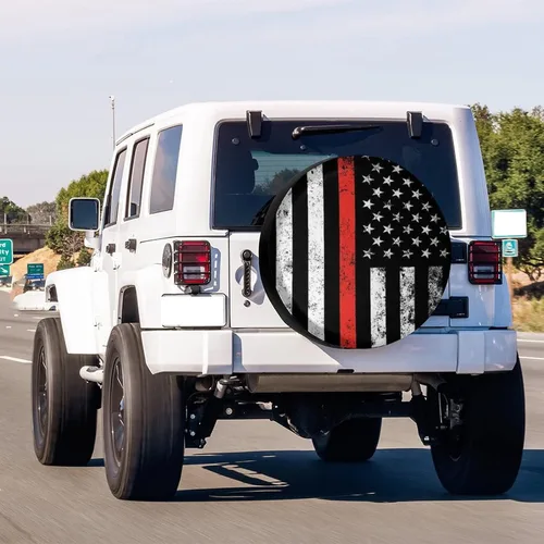 Miniatura 3 de Cubierta de llanta de repuesto con bandera de línea roja delgada de bombero patriótico de Estados Unidos, para remolque, RV, SUV y muchos vehículos