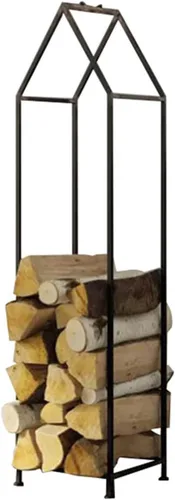 Estante decorativo de leña moderno en forma de casa, ayuda de apilamiento alto para uso en y exteriores, estante de troncos de metal con asa
