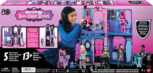 Miniatura 7 de Monster High Boo-tique Hotel Casa de Muñecas, juego plegable con sorpresas espeluznantes en cada habitación y más de 13 piezas, incluyendo muebles