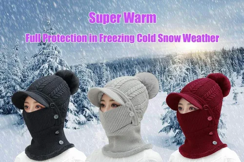 Miniatura 30 de HUAMULAN Gorro de invierno de una pieza para mujer, pasamontañas de forro polar, pasamontañas, máscara facial, bufanda, orejeras, esquí, nieve