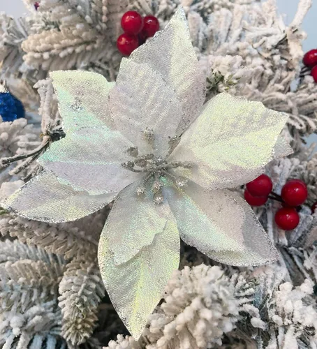Miniatura 10 de YYCRAFT 12 flores artificiales de seda brillante con purpurina para decoración de árbol de Navidad (plata, 8 pulgadas)