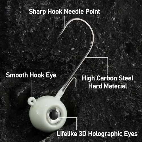 Miniatura 3 de Alownder - Juego de 20 cabezas de pesca con ojos holográficos 3D, cabezas de plantilla redondas, jigs de agua salada y dulce Walleye jigs Live Bait