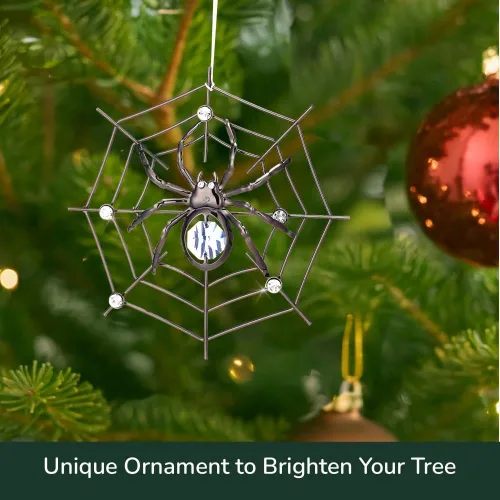 Miniatura 8 de Ornamento colgante de araña negra de Matashi para árbol de Navidad con cristales azules y transparentes – Decoración de telaraña de araña