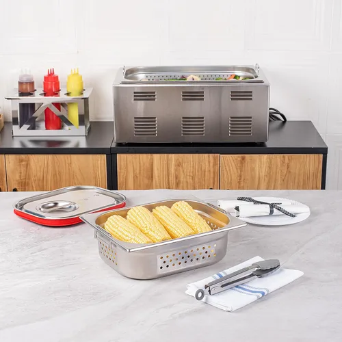 Miniatura 4 de Restaurantware Met Lux - Bandeja perforada para mesa de vapor, tamaño medio, 4 pulgadas de profundidad, asas plegables, antiatascos, acero