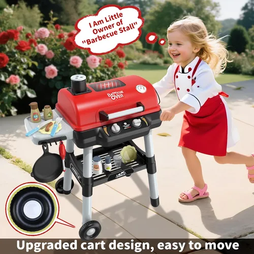 Miniatura 10 de Juguetes de cocina para niños, juego de parrilla de barbacoa para niños con humo, sonido y luz, juguete de barbacoa de 2 niveles con rueda, juguetes