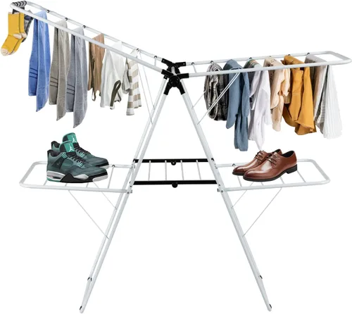 COSTWAY Estante de secado de ropa, estante plegable de 2 niveles con alas ajustables en altura, 33 rieles de secado y clips para calcetines, estante