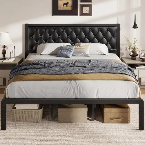 Miniatura 13 de Fluest Base de cama individual con cabecero, tapizada en cuero PU, marco de plataforma con soporte de listones metálicos, con espacio de Negro