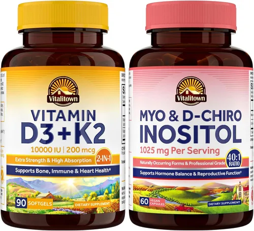 Vitalitown Paquete D3 K2 e inositol – Vitamina D3 10000 UI + K2 MK7 200mcg + Mio-inositol y D-Chiro para mujeres, apoyo inmunológico y equilibrio
