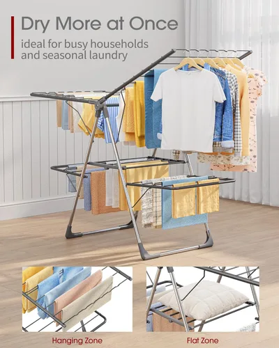 Miniatura 2 de Sakugi Escurridor de ropa, plegable de 2 niveles con alas ajustables en altura, para ropa y ropa de cama, estante independiente que ahorra espacio