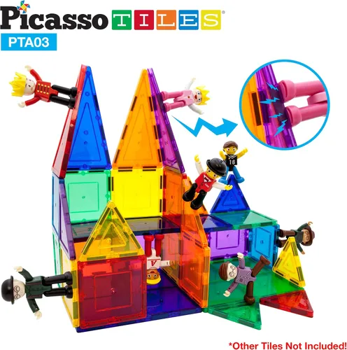 Miniatura 3 de PicassoTiles Figuras magnéticas + 100 azulejos magnéticos + 2 camiones de automóvil, juego de expansión de imán de acción de personajes de 8 piezas