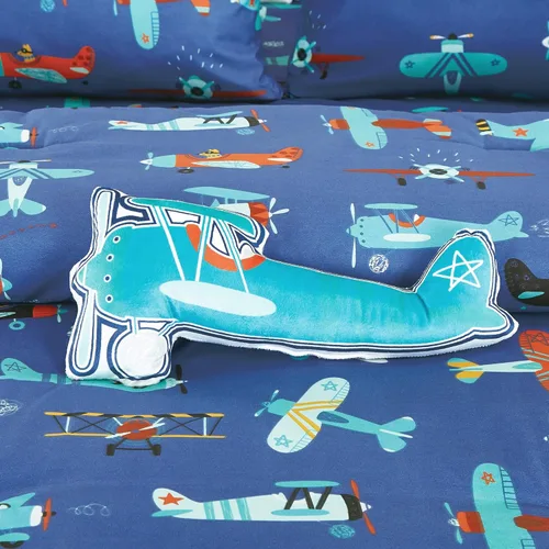 Miniatura 3 de Juego de edredón con estampado de aviones azules para niños, niñas y adolescentes. Ropa de cama tamaño individual para habitación de niños. Incluye