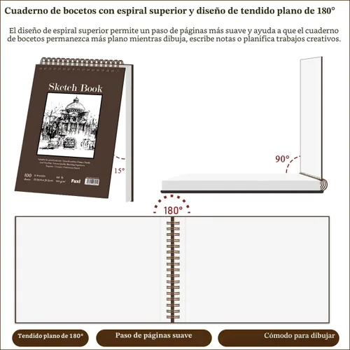 Miniatura 3 de Cuaderno de bocetos de 9 x 12 pulgadas, bloc de bocetos con espiral superior, paquete de 1 bloc de 100 hojas (68 libras/3.53 oz/m² - 100 g/m2)