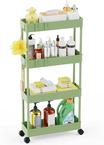 Miniatura 14 de LEHOM Carrito de almacenamiento delgado de 5.1 pulgadas, organizador de baño de 4 niveles, estantería móvil, carrito utilitario rodante, organizador