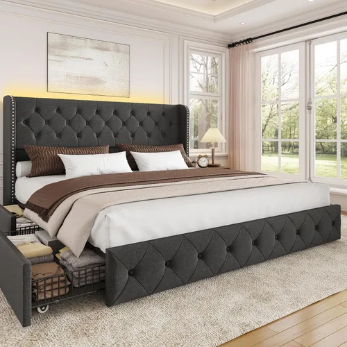Miniatura 27 de BRELTAM Marco de Cama Tamaño Queen con Cajones de Almacenamiento y Cabecero Wingback Tapizado en Terciopelo Marco de Cama Plataforma Camas Blanco