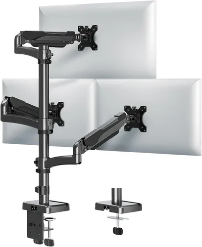 MOUNTUP Soporte de monitor triple para pantalla de máximo 32 pulgadas, soporta 4.4-17.6 libras, soporte de escritorio para 3 monitores, soporte de