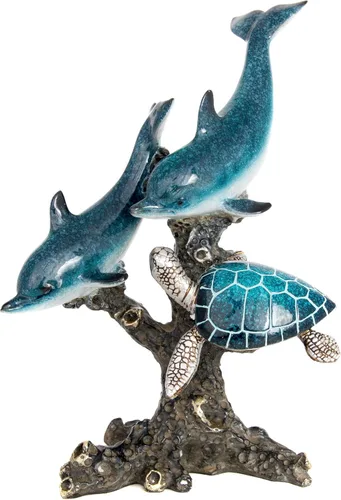 Miniatura 11 de Estatua de tortuga marina triples nadando sobre base de arrecife de coral, figura de polystone inspirada en el océano para decoración del hogar Azul