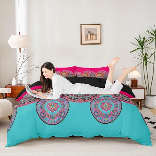 Miniatura 13 de Juego de funda de edredón bohemio, tamaño individual, colorido, floral, bohemio, a rayas, juego de ropa de cama ultra suave, funda de edredón Rojo