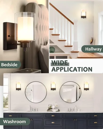 Miniatura 5 de Paquete de 2 Luminarias de Tocador de Baño de 1 Luz, Luz de Pared Negra para Interiores con Pantalla de Vidrio Dual, Aplique de Pared de Baño
