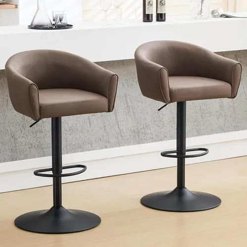Miniatura 12 de FIRAVOE Juego de 2 taburetes de bar, taburetes de bar giratorios con respaldo y brazos, silla de bar ajustable de piel sintética de 24 a 34