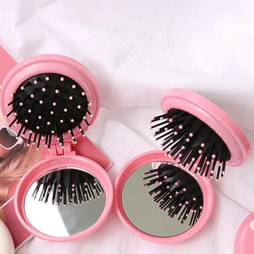 Miniatura 5 de Cepillo de pelo de viaje, peine de bolsillo con mini espejo, cepillos de pelo plegables compactos, redondos, mini peine de masaje compacto
