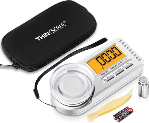 THINKSCALE Báscula digital de miligramo, 0.71 oz x 0.00 oz Mini báscula de alta precisión con pantalla LCD, tare, 6 unidades de báscula portátil