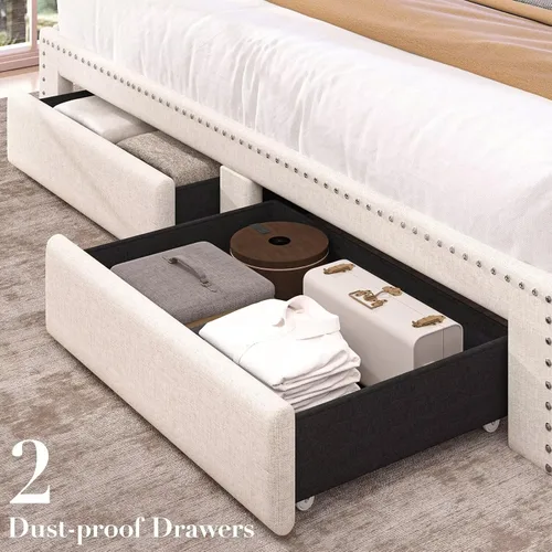 Miniatura 6 de Base de cama de lino tamaño completo con cabecera de almacenamiento de 2 niveles y estación de carga, marcos de cama de plataforma tapizados con 2