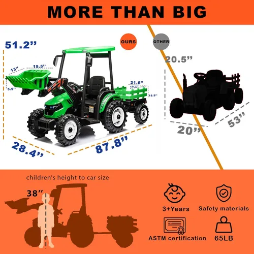 Miniatura 5 de Kidsera Tractor de paseo para niños de 24 V con remolque y cargador frontal, tractor 3 en 1 con caja de cambios de 24 voltios, marco de metal