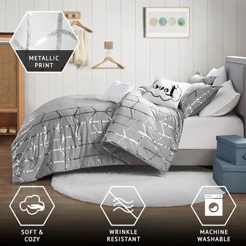Miniatura 4 de Intelligent Design Raina - Juego de edredón Full/Queen, microfibra suave, juego de cama moderno geométrico metálico, juego de cama para universidad