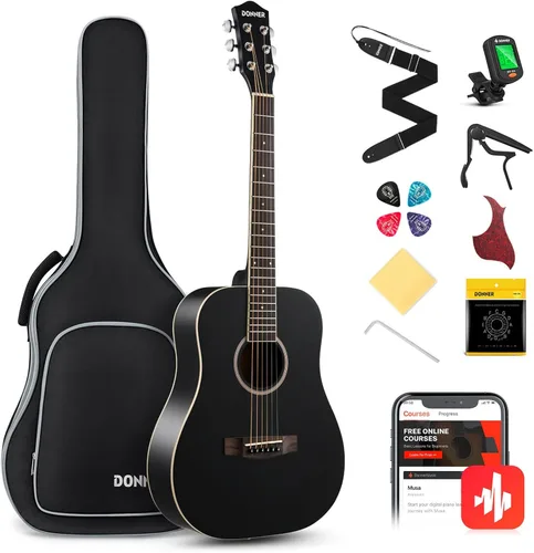 Donner Guitarra acústica para principiante adulto 36'' Dreadnought tamaño 3/4 negro, kit de paquete de viaje, madera de abeto, con estuche, capo,