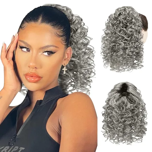Miniatura 10 de PEACOCO Extensión de cola de caballo rizada con cordón para mujeres negras - Cola de caballo de 6 pulgadas con clip, postizo sintético de afro corto