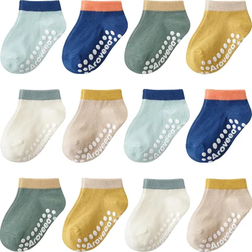 Miniatura 30 de Calcetines antideslizantes con agarre para tobillos, paquete de 12 unidades para niños pequeños, niños y niñas, lindos calcetines de algodón