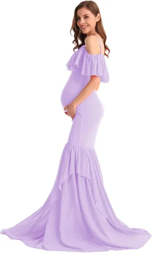 Miniatura 28 de MYRISAM Vestido de maternidad con volantes y hombros descubiertos para mujer, vestido de fiesta de sirena de gasa, vestido ajustado