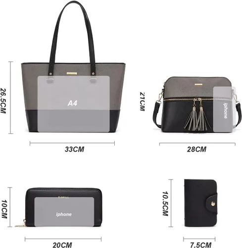 Miniatura 105 de Juego de 4 bolsas modernos para mujer de cuero sintético: bolso tote, bolso de hombro, bolso de mano y cartera.