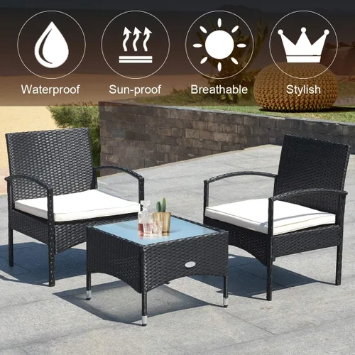 Miniatura 5 de HAPPYGRILL Juego de muebles de patio de 3 piezas con mesa de centro de cristal y cojines suaves para balcón, jardín, piscina
