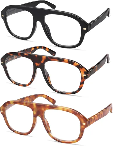 Miniatura 3 de AMOMOMA Paquete de 3 lentes de lectura estilo aviador retro con luz azul para mujeres y hombres, marco grande para lector de computadora AM6163
