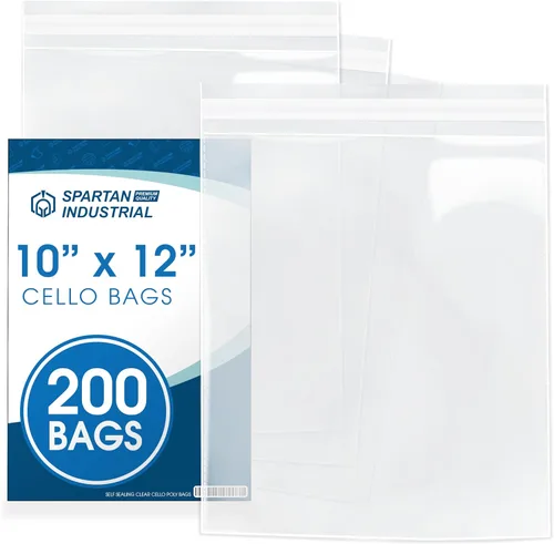 Spartan Industrial - (200 unidades) Bolsas de celofán transparentes resellables para embalaje, ropa y camisetas, autoadhesivas y reforzadas, de 10"