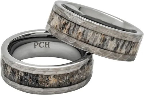 Miniatura 2 de Ata de ciervo de tungsteno para hombre con anillo con acabado martillado de 0.315 in de ajuste cómodo