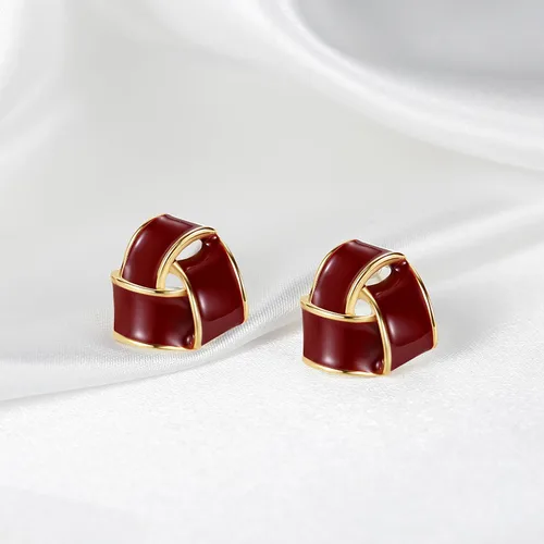 Miniatura 2 de Pendientes de botón esmaltados rojos elegantes triangulares con nudo de amor, diseño vintage para mujer