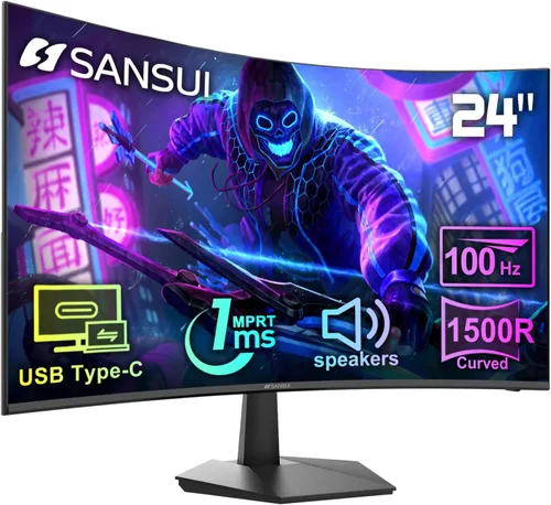 SANSUI Monitor curvo de 24 pulgadas 100Hz USB tipo C Monitor de computadora con altavoces incorporados - MPRT 1ms, sincronización adaptativa, HDR,