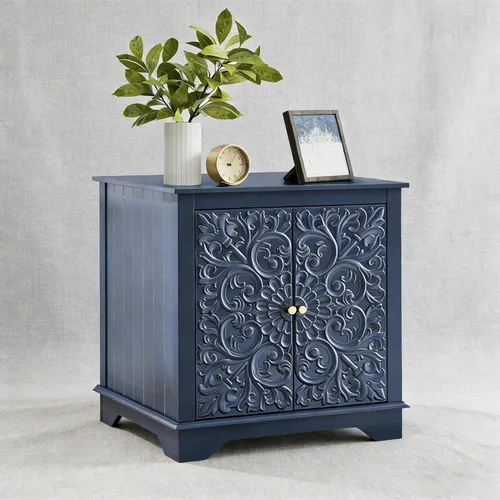 weselon Mesa auxiliar de estilo granja con puerta floral tallada, mesita de noche de 24 pulgadas de ancho con estante ajustable, mesa auxiliar