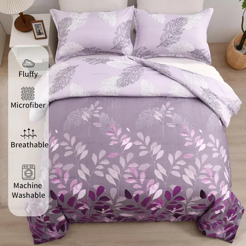 Miniatura 3 de DJY Juego de edredón de color morado, tamaño King, edredón de hojas botánicas para cama King, juego de edredón reversible floral de 3 piezas, juego