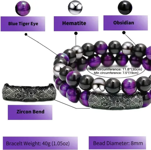 Miniatura 2 de 2Pcs Triple Protection Bracelet,Natural Tigers Eye Black Obsidian and Hematite 8 MM Beads Bracelet for Men Women Gift, Healing Crystal Bracelet