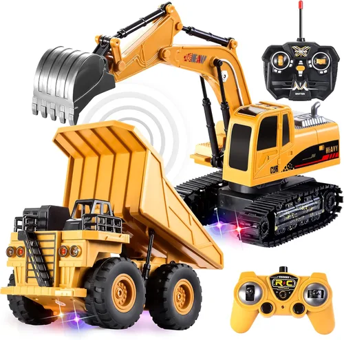 JOYIN Juego de 2 vehículos de construcción a control remoto, excavadora RC accionada por fricción y camión volquete RC con luces y sonidos para