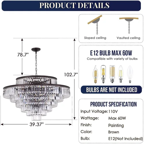 Miniatura 5 de Candelabro grande de cristal moderno y lujoso, lámpara colgante de gota de lluvia para comedor, dormitorio, sala de estar, marrón, 39 pulgadas
