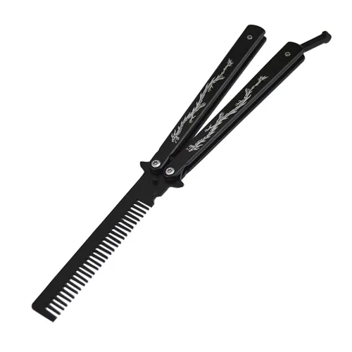 Miniatura 2 de cuchillo mariposa de acero inoxidable con tótem de dragón, entrenador con peine (negro)
