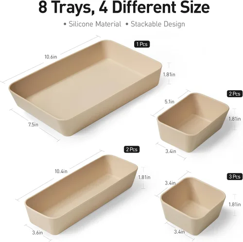 Miniatura 2 de ISSEVE 8 bandejas organizadoras de cajones de silicona anidables, 4 tamaños versátiles para tocador de baño y escritorio, juego de contenedores