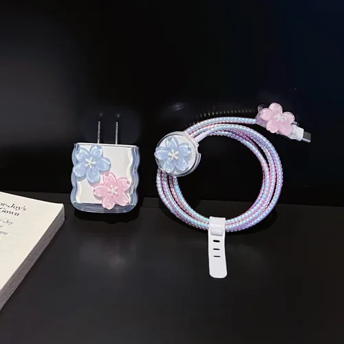 Miniatura 7 de Funda protectora de cable de datos compatible con iPhone Smartwatch Series Ultra2/Ultra/S9/8/7, adaptador de cargador, funda de cargador floral