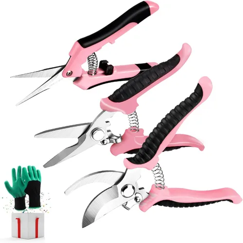 Miniatura 10 de 4 paquetes de tijeras de podar para jardín, con cuchillas de acero inoxidable, tijeras manuales de podar con guantes de jardinería (Rosa)