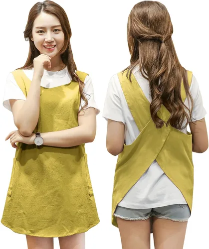 Miniatura 6 de Delantal de diseño acortado, delantal de lino de algodón suave estilo japonés con dos bolsillos laterales, delantal halter cruzado en X, ropa