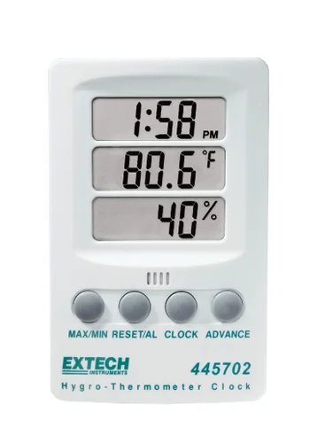 Extech 445702 Reloj higro-termómetro, monitor digital de humedad y termómetro interior con memoria máxima/mínima, pantalla LCD triple, reloj de